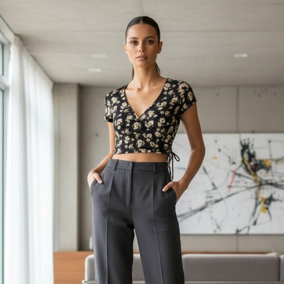 Forever 21 Stretch Cotton Floral Black Yellow White Daisy Wrap Crop Top XL Y2K - Picture 1 of 4